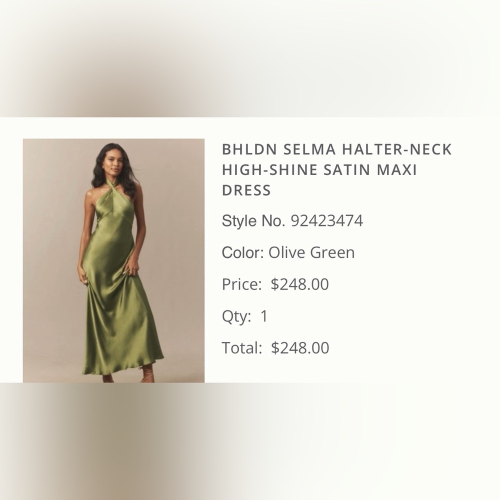 BHLDN Satin halter neck Dress - Olive Green new with tags